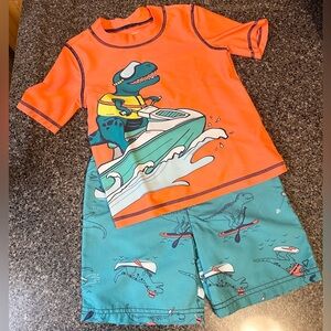 Carters Swim Set with Dinosaur Print - Orange and Blue